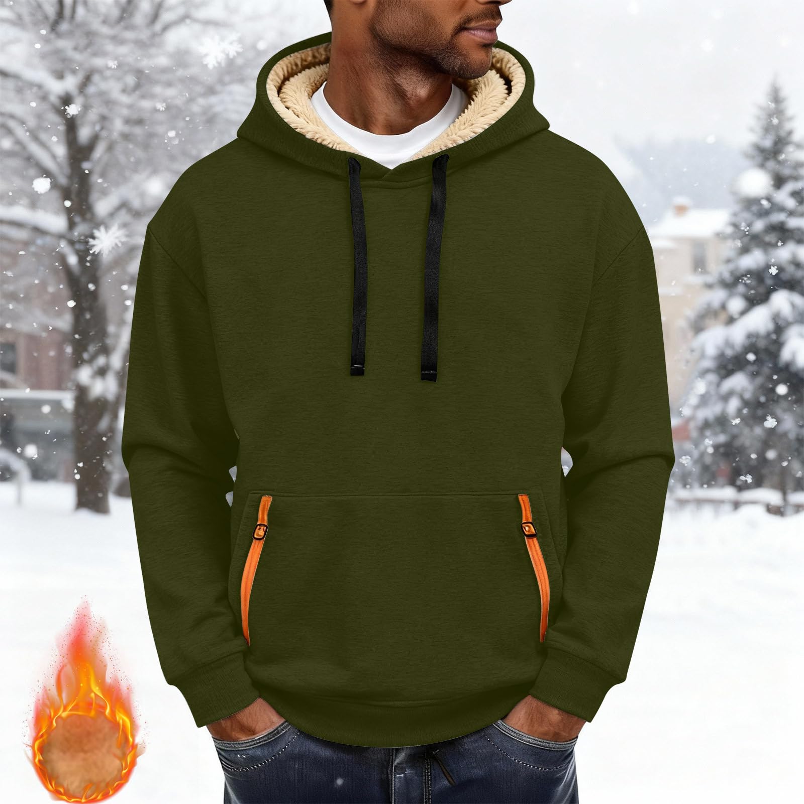 Fashionable Men s -Color Fleece-Lined Thickened Long-Sleeve Hoodie With Pockets L