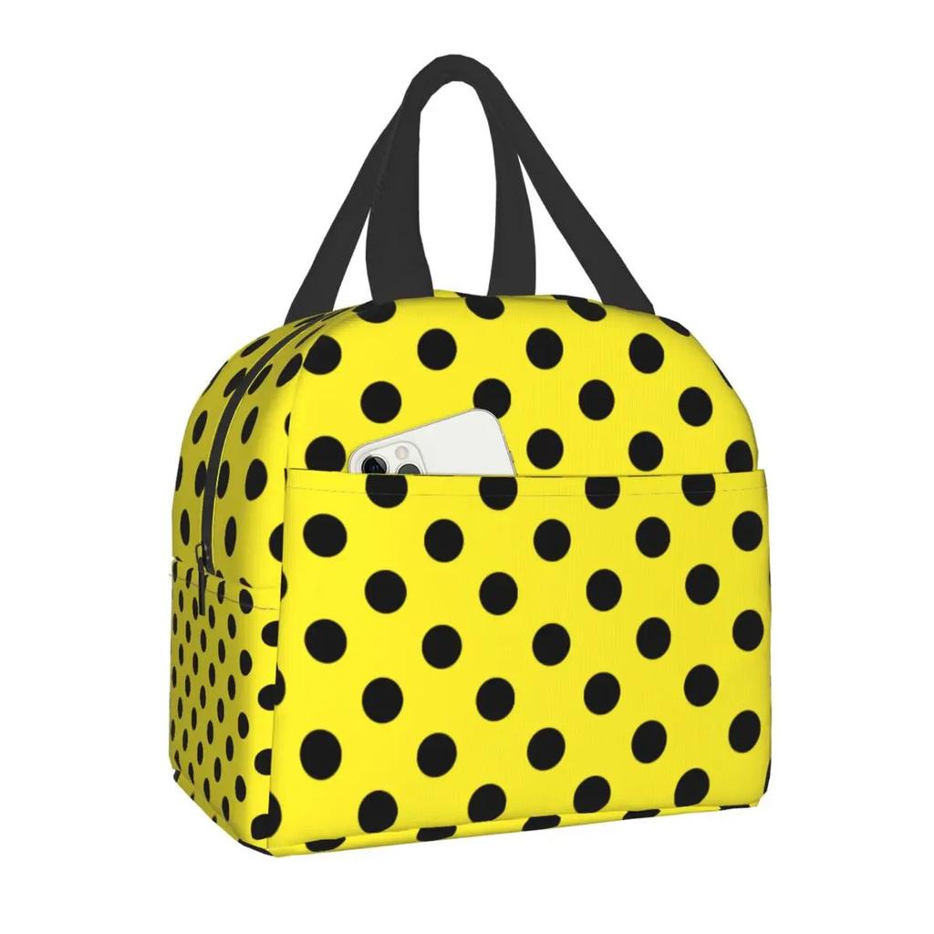 Black and White Polka Dots Lunch for Women | Portable Insulated Thermal Cooler Lunch Box Work School Travel Picnic Bags, Oxford
