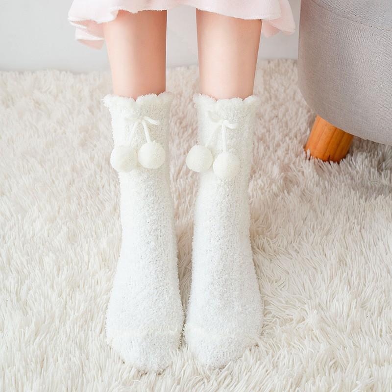 Coral Fleece Socks Medium Tube Socks Season Thickened Warm Confinement Socks Small Hairball Cute Home Sleep Socks Women