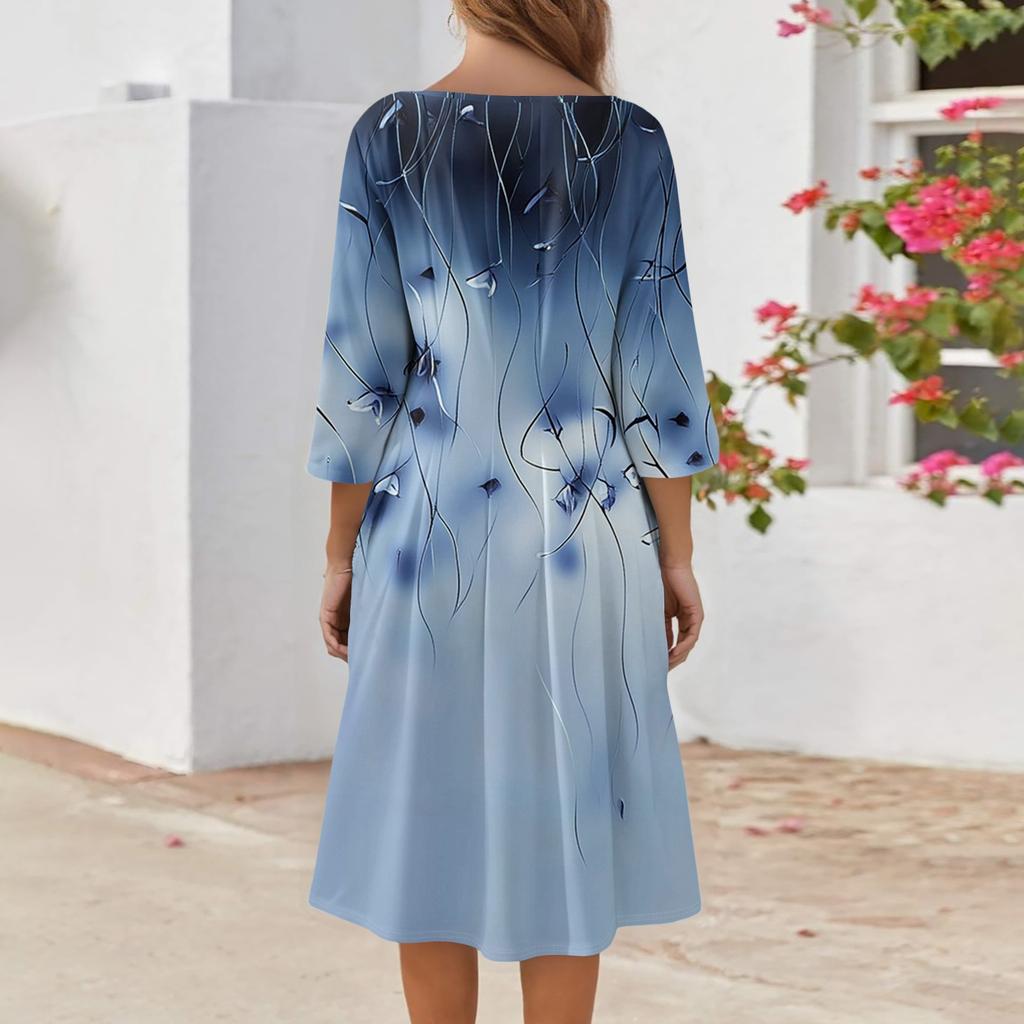 Women's Casual Fashion Round Neck Three Quarter Sleeve Print Midi Dress