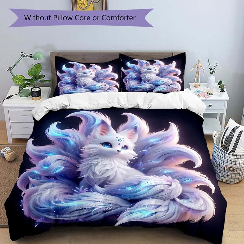 

3pcs White Nine Tailed Fox Printed Quilt Set - Soft and Comfortable Quilt Cover for Bedroom, Guest Room L113 135x200cm