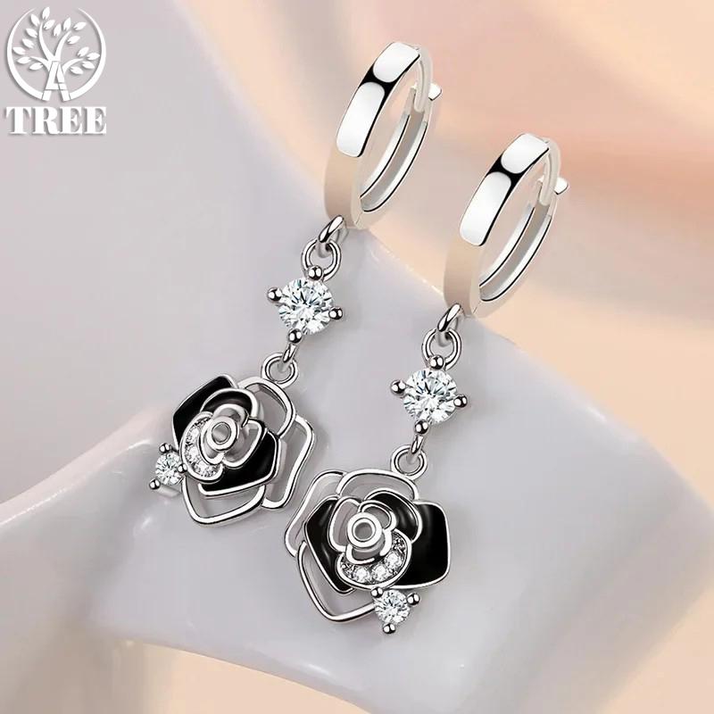 New Trendy 925 Silver Earrings For Women Vintage Black Hollow Rose Flower Ear Jewelry Lady Anniversary Accessories