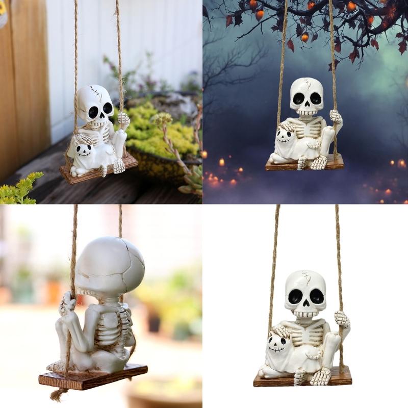 Halloween Hanging Decoration Skeleton Kitten Figure Resin Swing Ornament For Door Window Halloween Party Centerpieces