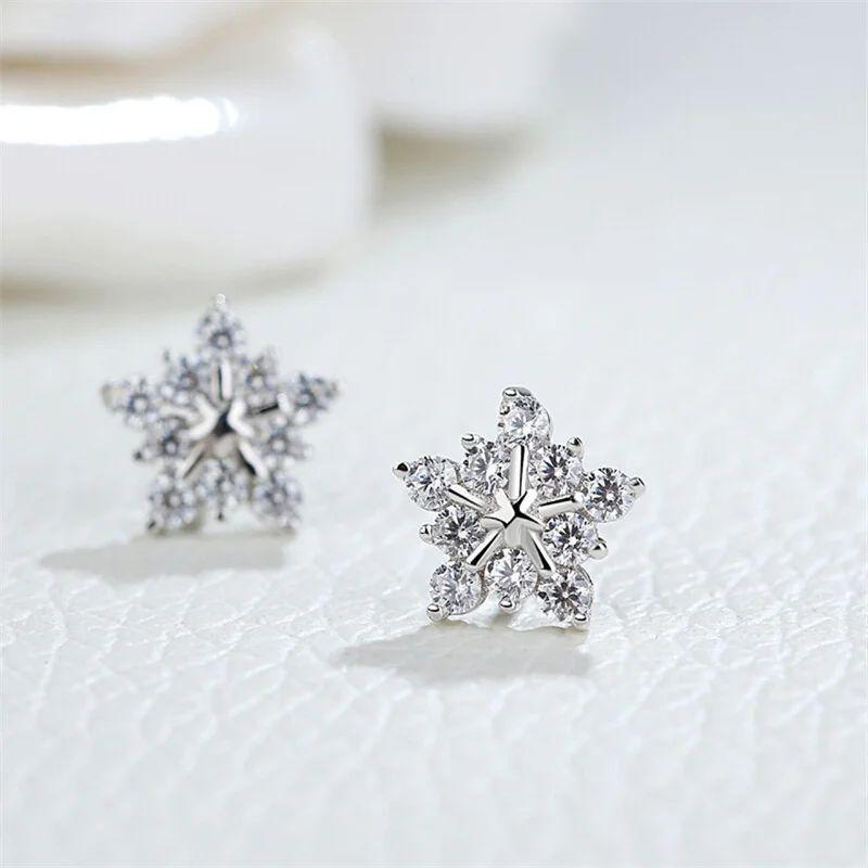 Luxury Crystal Flower Stud Earrings For Women White CZ Stone Romantic Snowflake Shaped Earrings Jewelry Gift Accessories