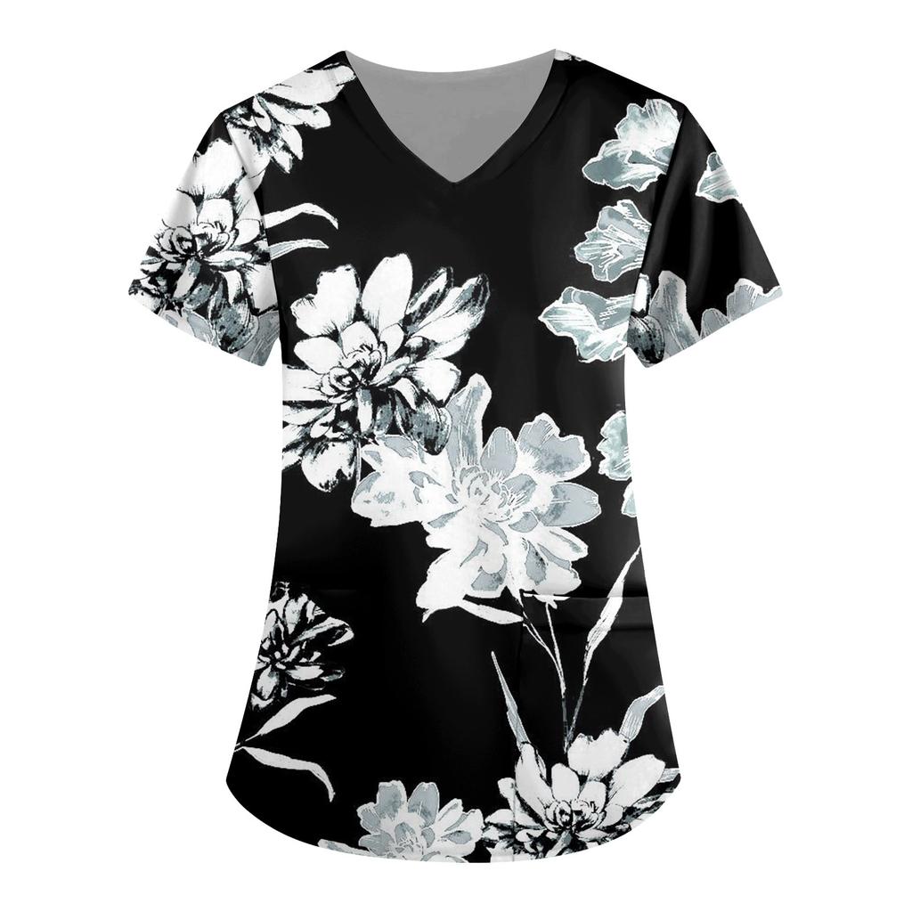 Damenmode V-Ausschnitt Kurzarm Arbeitskleidung mit Taschen Bedruckte Oberteile Sommeroberteile für Frauen