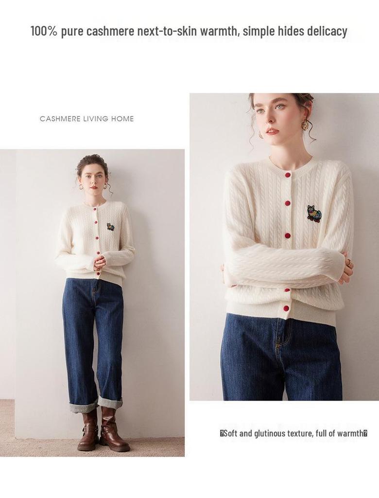 2025 A/W 100% Pure Cashmere Cable Knit Embroidered Cardigan