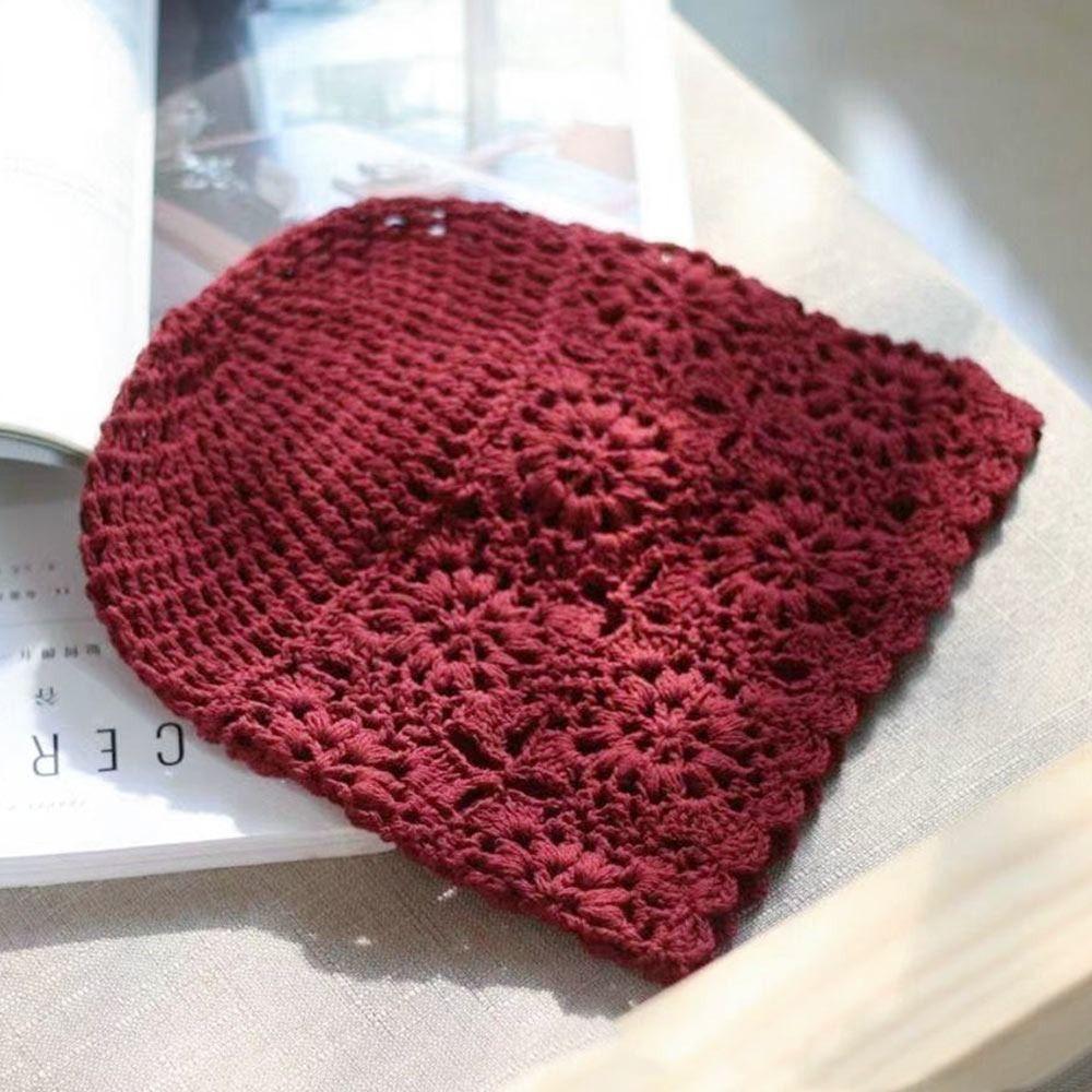 Women's Hollowed Out Knitted Hat Casual Beret Cap Fashion Flowers Breathable Skullies Hat Sun Visor