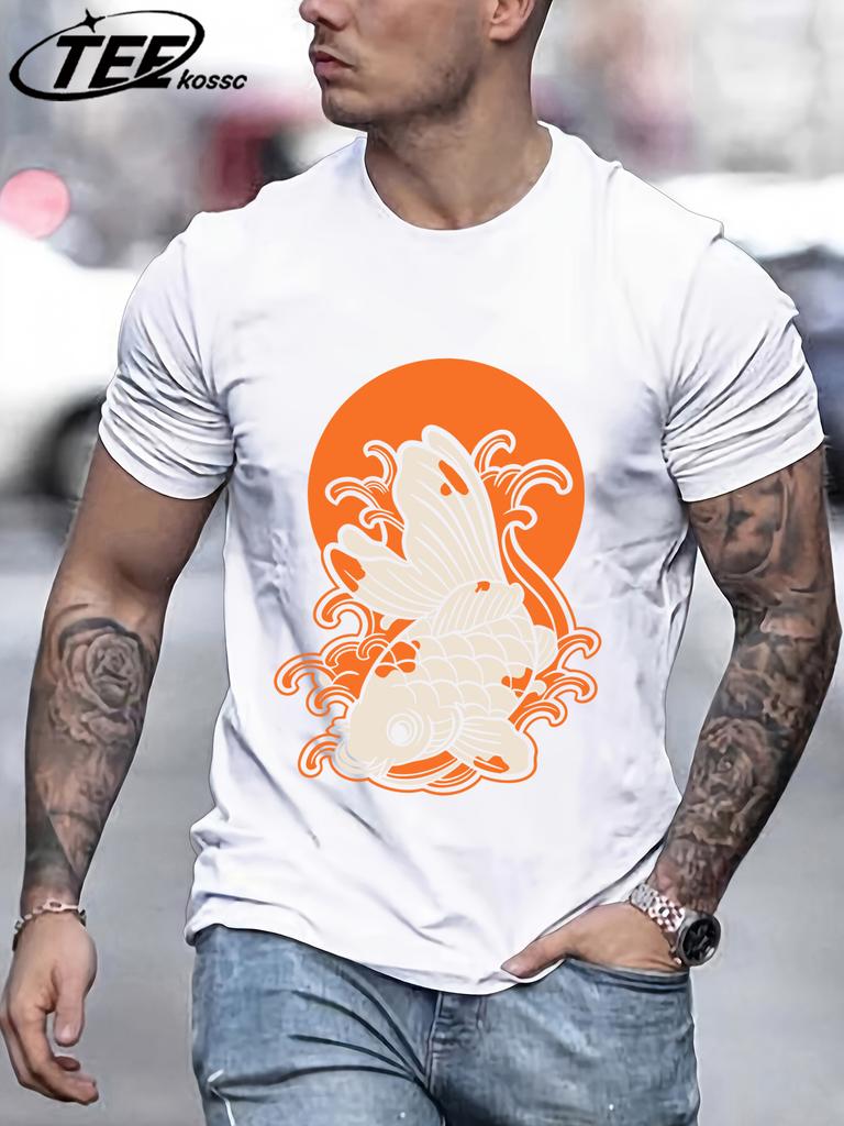 Japanese Harajuku Sunset Koi Men T Shirts Casual Hip Hop Tops Multicolor Cotton TShirt Summer Loose Male Crewneck Short Sleeve