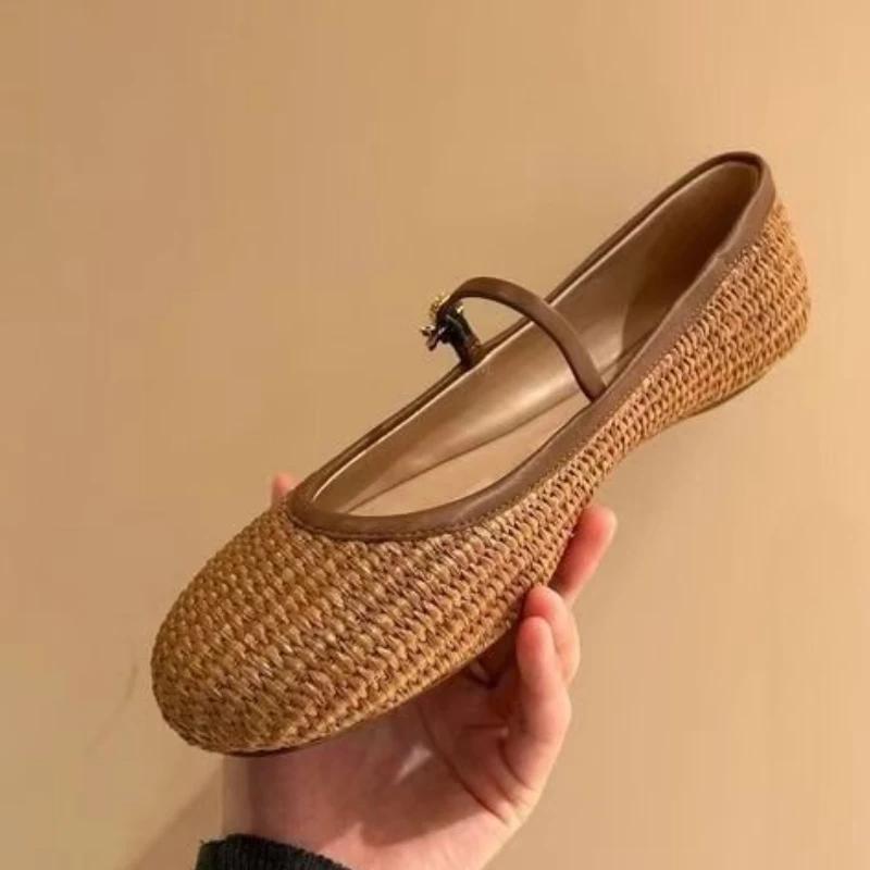 Spring Summer 2025 New Style Shoes Weaving Hollow Out Design Sandals Square Toe Buckle Strap Flats Shoes Women