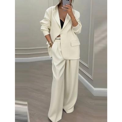 Temperament Women's Pants Suit Loose Solid Color Autumn Winter Commuting Long-sleeved Lapel Top Wide-leg Trousers Two-piece Set