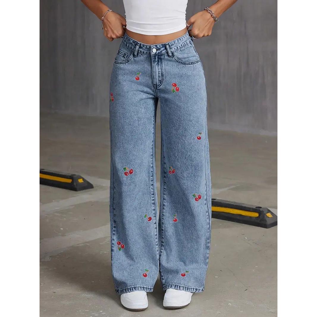 Plus Size Women s Stretch Denim Embroidered Straight Leg Jeans - Simple and Elegant 4XL синий