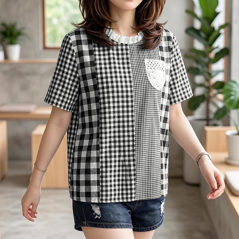 ZANZEA Women Plaid Print Casual Round Neck Loose Short Sleeve Blouse