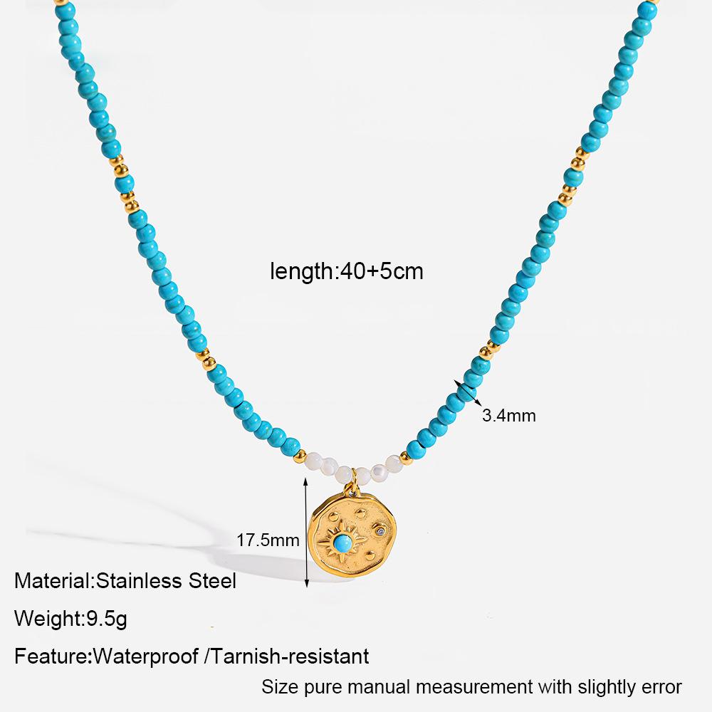 Stainless Steel Gold Color Sun Pendant Necklace Boho Turquoise Beads Adjustable Choker Necklace for Women Summer Jewelry Gift синий