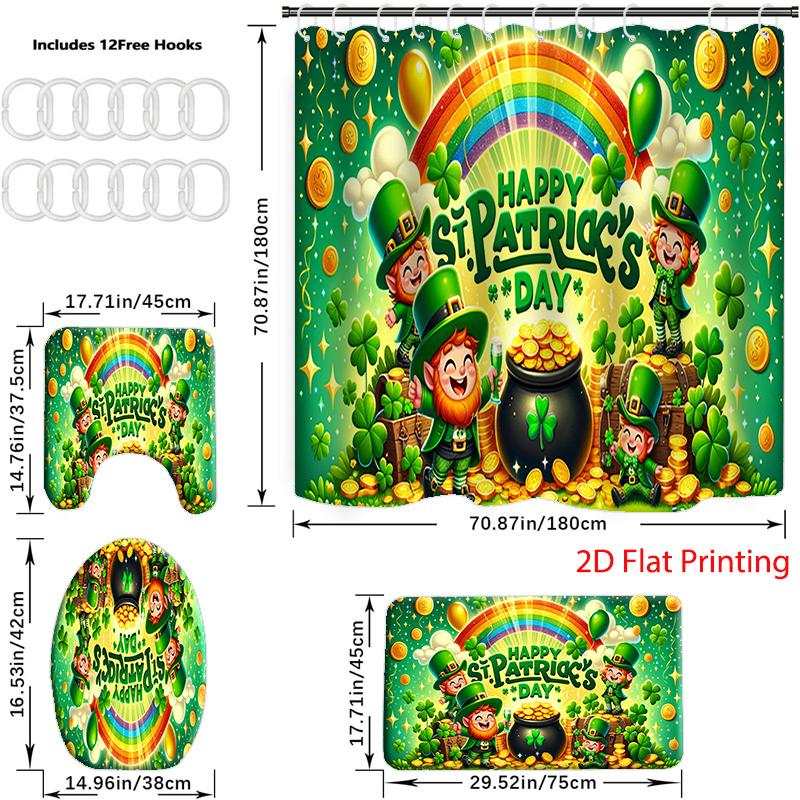 4PC-St Patrick's Day  shower curtain set with 12 hooks, shower pad, toilet seat, bathroom non slip carpet, washable curtains for home decoration