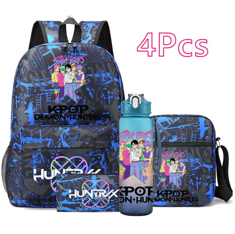 4Pcs/set Anime Demon Hunters Printed Backpack Bookbag Shoulder Bag Case Bag with 750Ml Water Bottler for Boy Girl Large Capacity Schoolbag