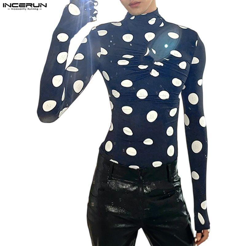 INCERUN Men High Neck Gloves Long Sleeve Polka Dots Twisted Hooded Party Club T-shirts