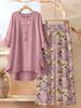Large Size Women's Printed Medium-sleeved Top Floral Wide-leg Pants Casual Two-piece Set Multi-color Set