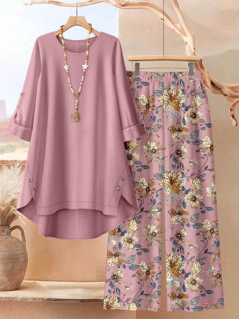 Large Size Women's Printed Medium-sleeved Top Floral Wide-leg Pants Casual Two-piece Set Multi-color Set