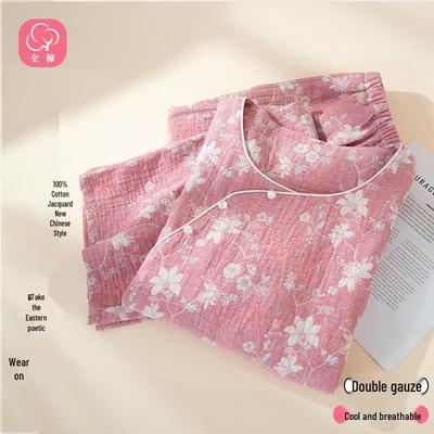 Women's Spring/Summer Red Jacquard Cotton-Linen Pajamas Set with Zodiac Design - Long Sleeve and Pants