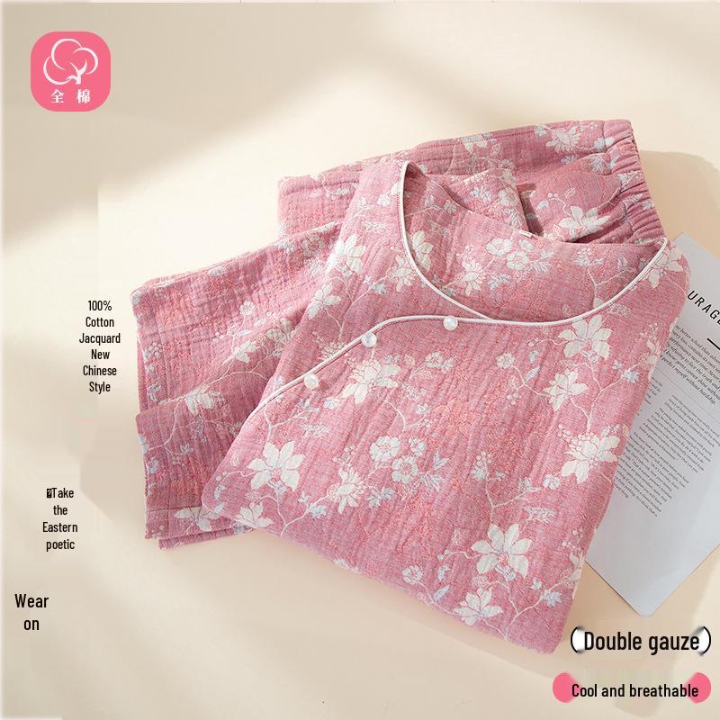 Women's Spring/Summer Red Jacquard Cotton-Linen Pajamas Set with Zodiac Design - Long Sleeve and Pants