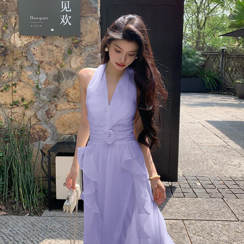 Sleeveless Collar Neck Gentle Temperament Fungus Edge Backless Dress Beach Dress