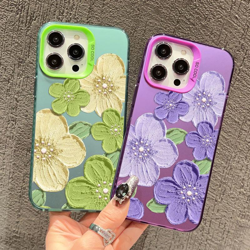 Stylish Laser Phone Case For iPhone 14 15 16 Plus Pro Max 17 11 12 13 Mini Pro Max Oil Painting Flower Cute Floral Back Covers