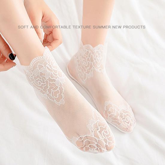 Women Rose Lace Socks Thin Transparent Elastic Mesh Stockings Breathable Anklet