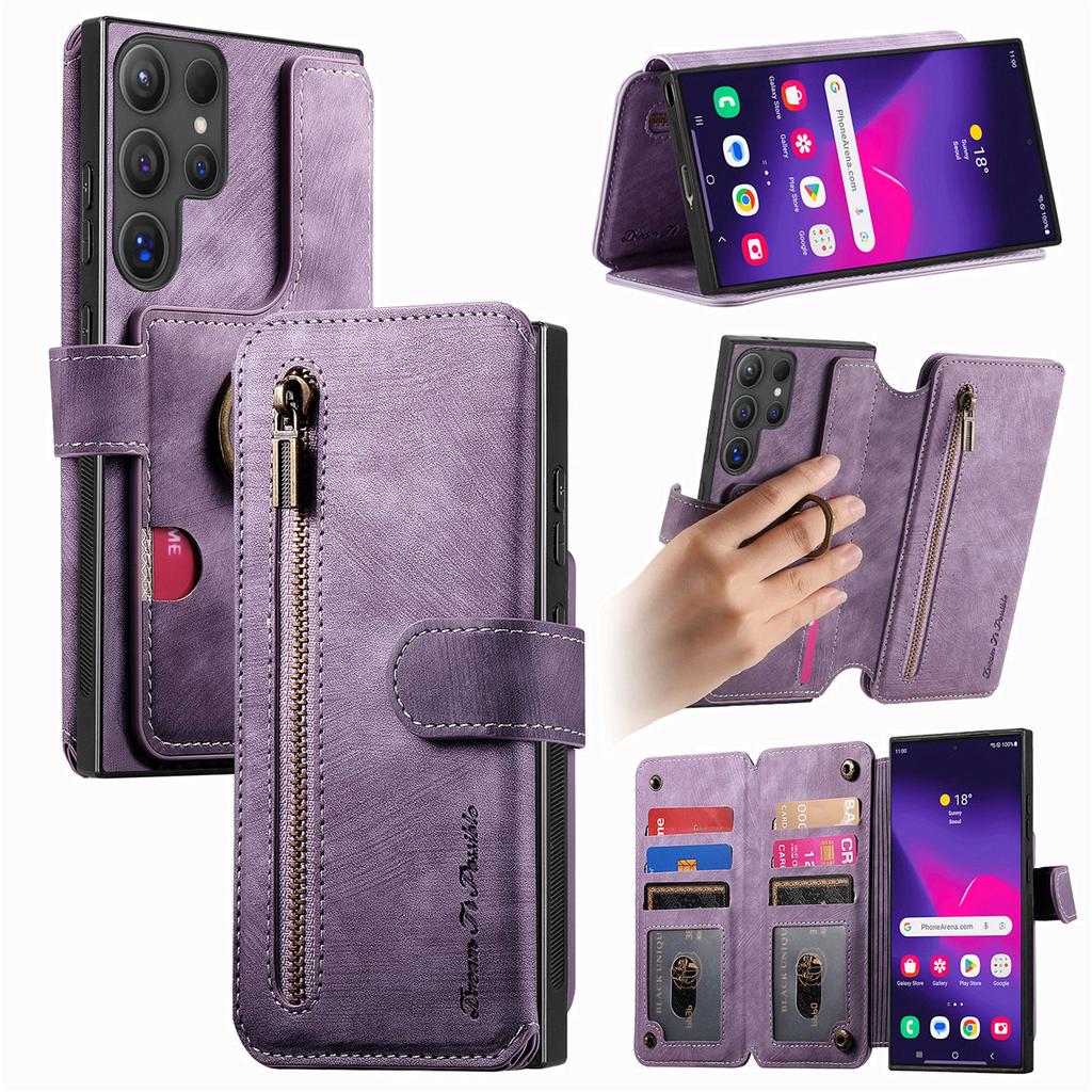 Dragkedja Kortfack Plånbok Läder Ringhållare Plånboksfodral För Samsung Galaxy S25 Ultra S24 Plus S23 A16 A06 A55 A35 A15 Flipfodral