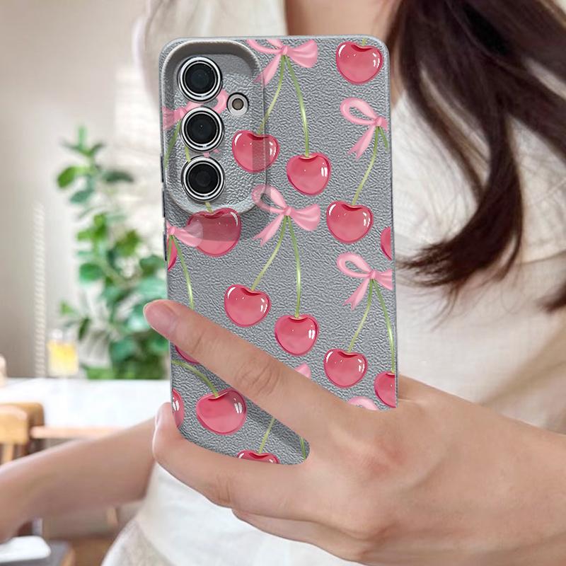 Cherry Bowknots Print Case For Samsung S26 Ultra S25 A18 S24 S23 S22 S21 FE A15 A16 A17 A35 A36 A37 A54 A55 A56 A57 Leather Texture Silicone Cover