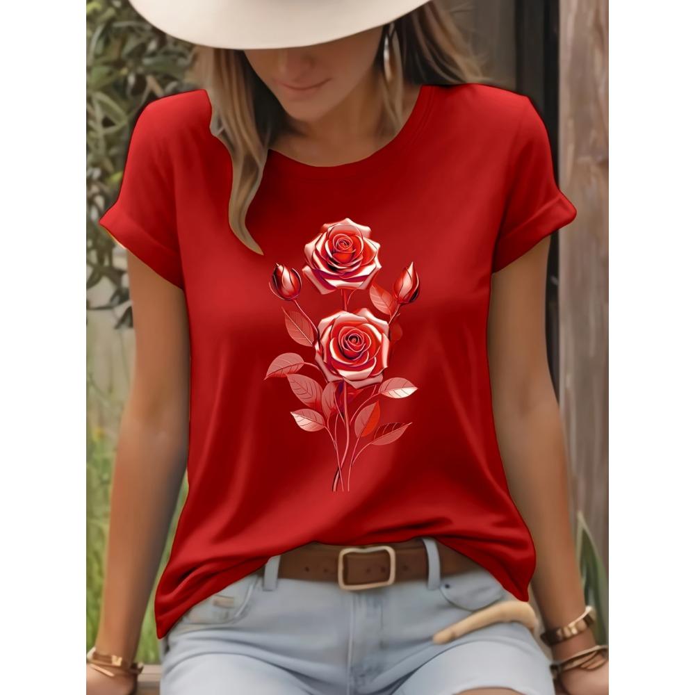 Fashion Women Rose Printed T-Shirt O-Neck Short Sleeve T-Shirt Simple Design Versatile Daily Wear Elegant Style Women Clothing