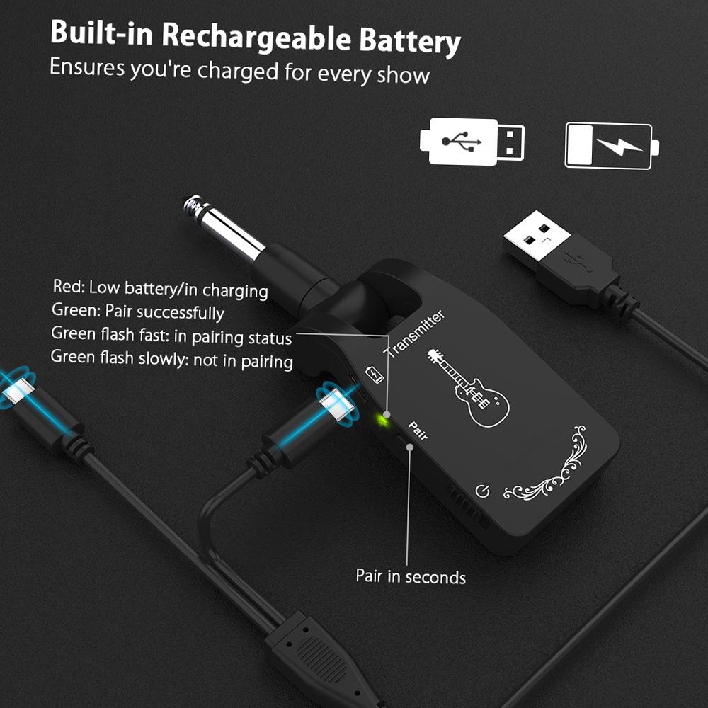 Wireless Guitar System 2.4G Rechargeable 6 Channels   Transmitter Receiver for Electric Guitar Bass