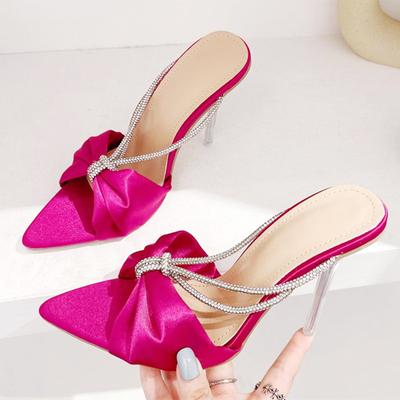 Fashion Sexy Rhinestones Women Slippers Summer Satin Comfort Thin Heels Sandals Women Elegant Party Shoe Fashion High Heels Mules Slides