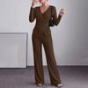 Women's Two Piece Outfit Long Sleeve V-Neck Button Top with Wide Leg Pants and Chest Buttons