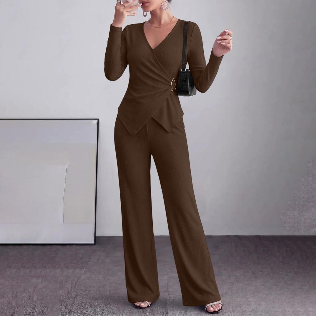 Women's Two Piece Outfit Long Sleeve V-Neck Button Top with Wide Leg Pants and Chest Buttons