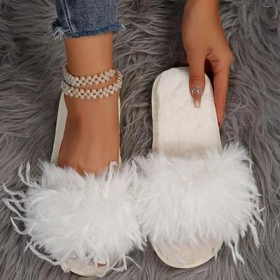 Hermosas pantuflas cálidas de felpa para mujer, zapatos de tacón plano liso con piel esponjosa para mujer, zapatos de plataforma de tacón bajo liso, zapatos de piel