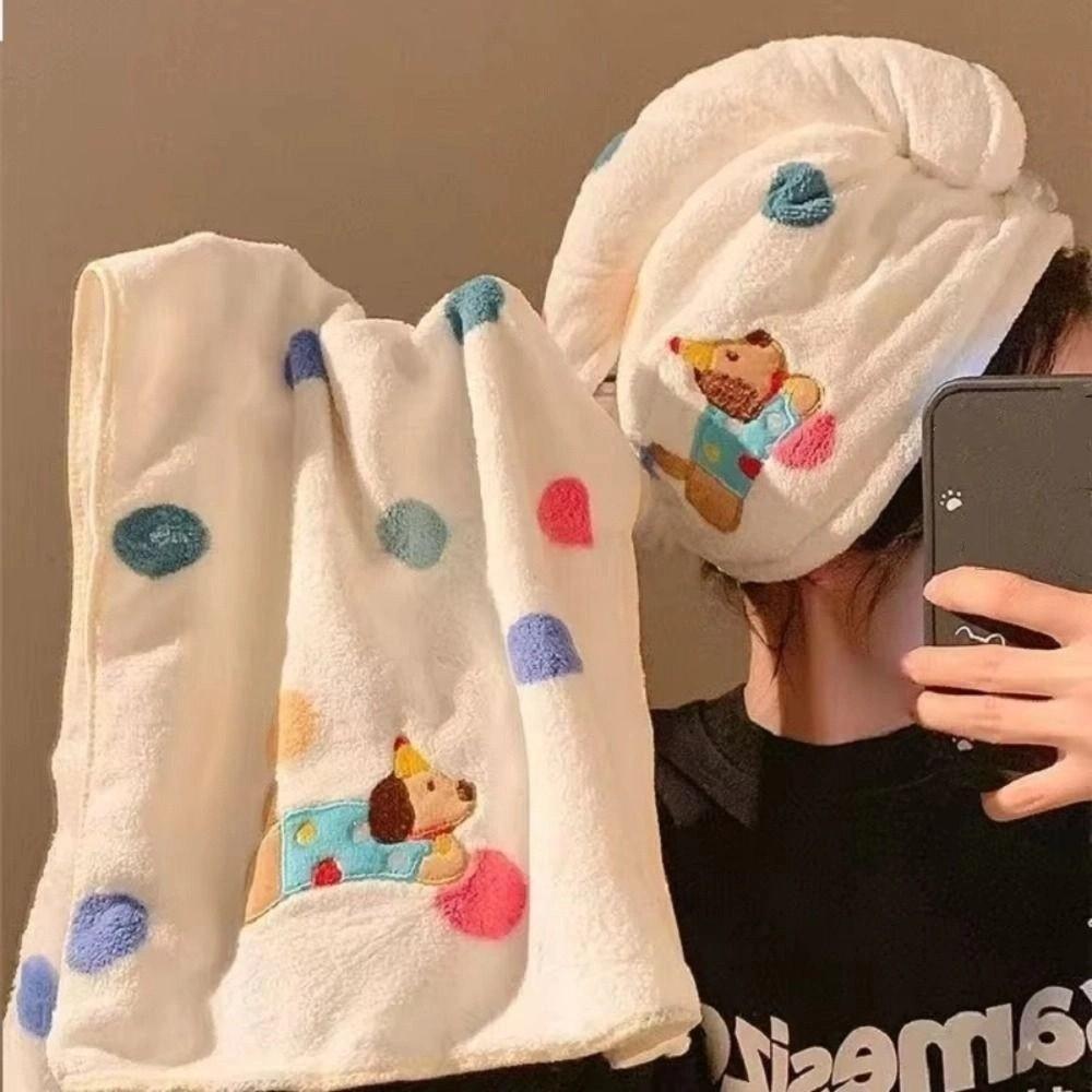 Quick Dry Soft Towel Set Cartoon Puppy Hair Drying Towel Coral Fleece Bath Towel  Bathroom