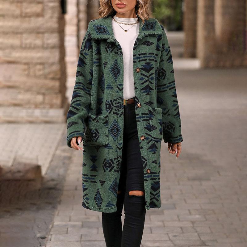

Autumn and Winter Printed Plush Coat Flip Collar Single Breasted Long Sleeved Jacket Women s Warm Comfortable Outerwear Retro Ethnic Style 2XL