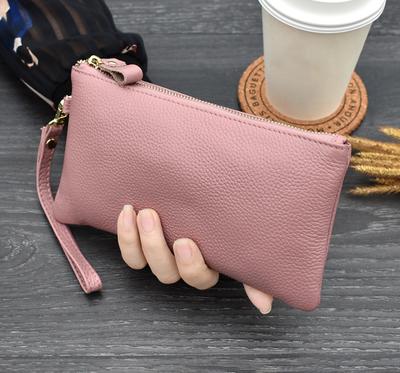 Simple Style High Capacity Womens Genuine Leather Phone Holder Long Purse Zipper Clutches HandBag with Wrist Strap