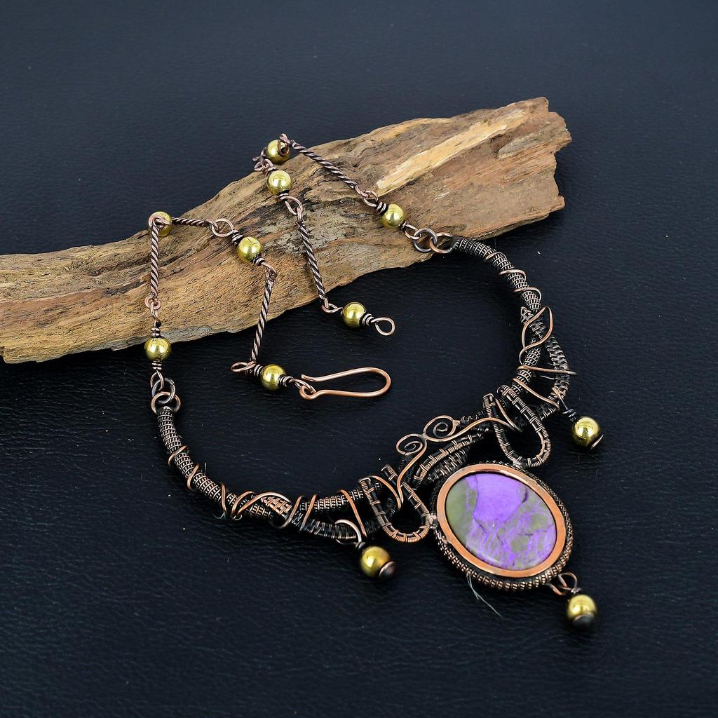 Purpurite, 999 Copper Wire Wrapped Necklace with Adjustable Chain, Handmade Gemstone Jewelry Necklace For Memorial Day