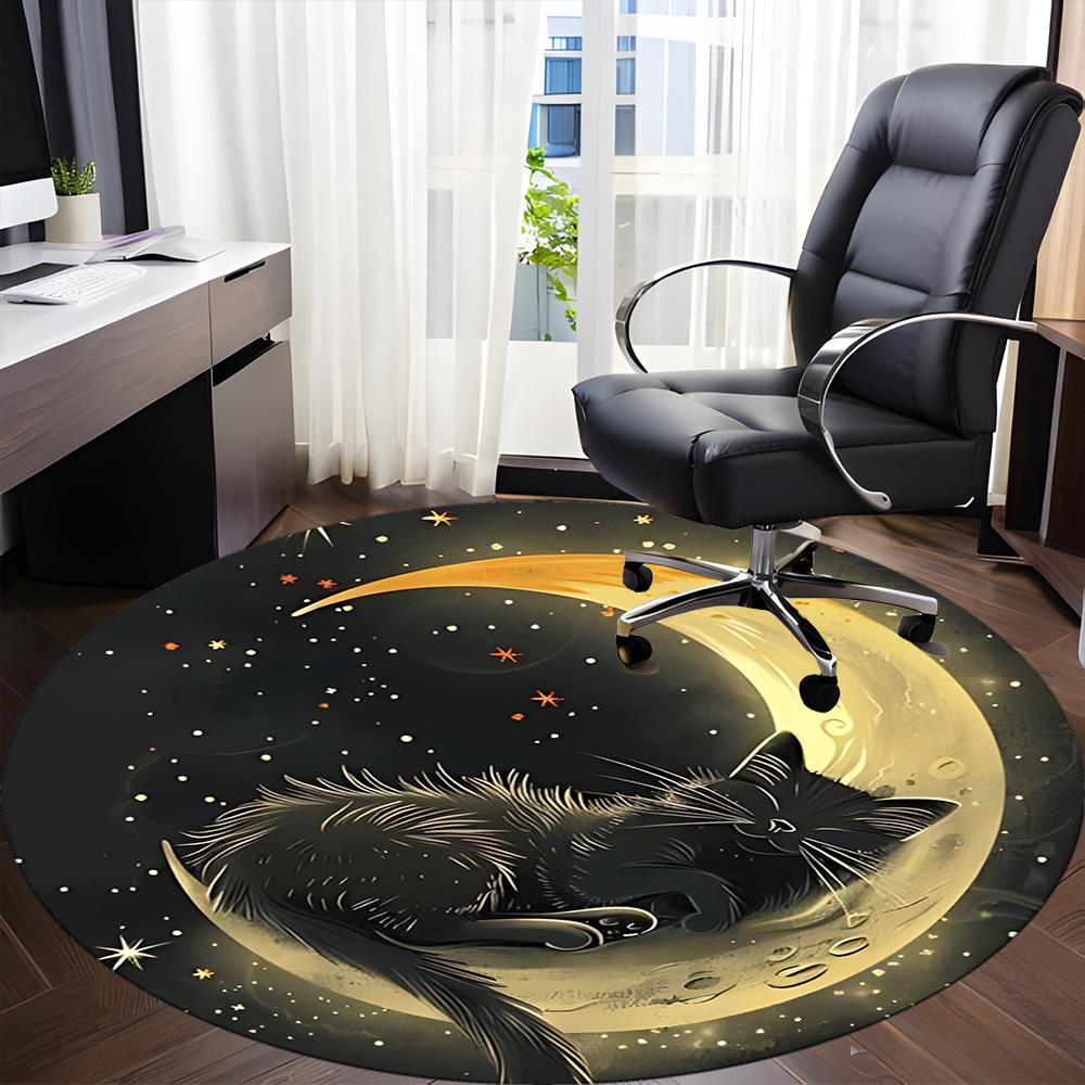 1PC Moon Cat Office Round Area Rug, Mat Suitable For Office, Under Office Chairs Bedroom Living Room Home Decor, Room Deco