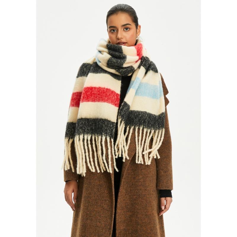 Women's Winter Colored Stripes Scarfs Vintage Casual Scarf Shawl Wraps Poncho Blanket Fringe Soft Thick Scarfs Chunky Long Shawl Scarves for Women