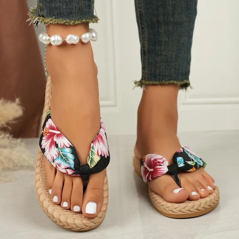 Fashion Women's Slippers Flat Sole Toe Clip Canvas Anti-slip Women's Shoes Leisure Beach Roman Wear-resistant Summer Zapatillas De Mujer