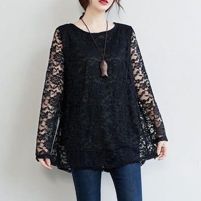 Frühling Herbst Damen Rundhals Spitze Bluse Mittellang Locker Ausgeschnitten Große Größen Bluse