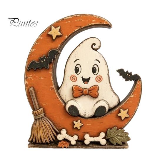 Vintage Fall Holiday Party Supplies Halloween Retro Pumpkin Witch Cat Ghost Figurines with Crescent Base, Spooky Rustic Tiered Tray Decor Wooden
