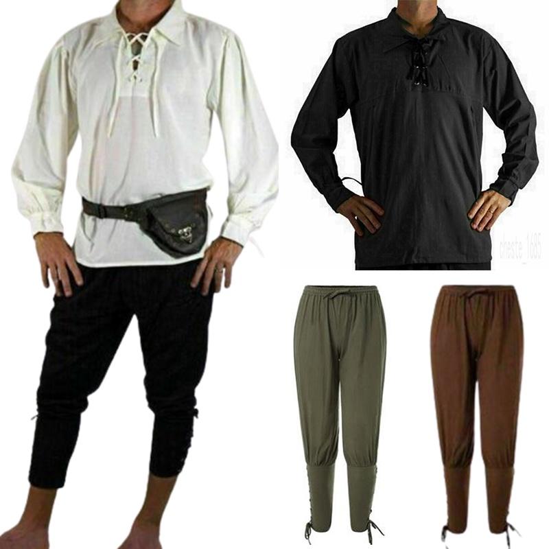 Halloween Medieval Renaissance Pirate Knight Cosplay Costume Men Shirt Pants Top