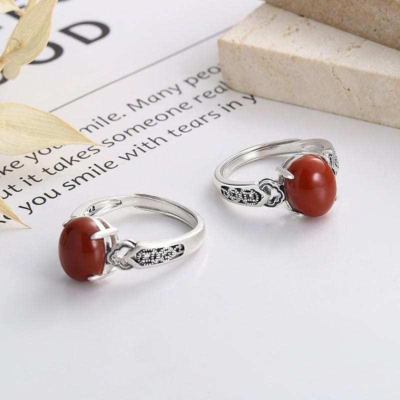 Adjustable Copper Ring With Red Agate Cabochon Motif Vintage Boho Jewelry Women Men