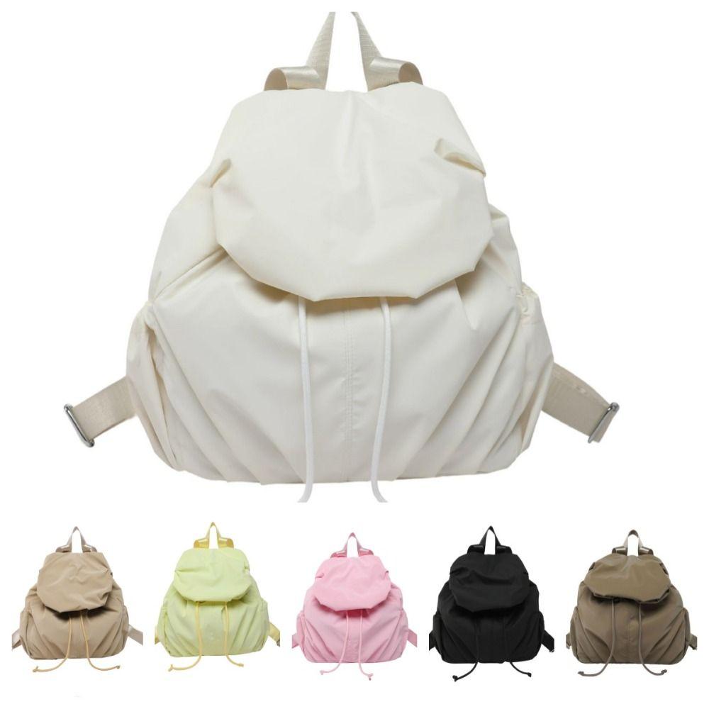 Pleated Nylon Backpack Solid Color Sports Shoulders Bag Casual Drawstring Backpack  College