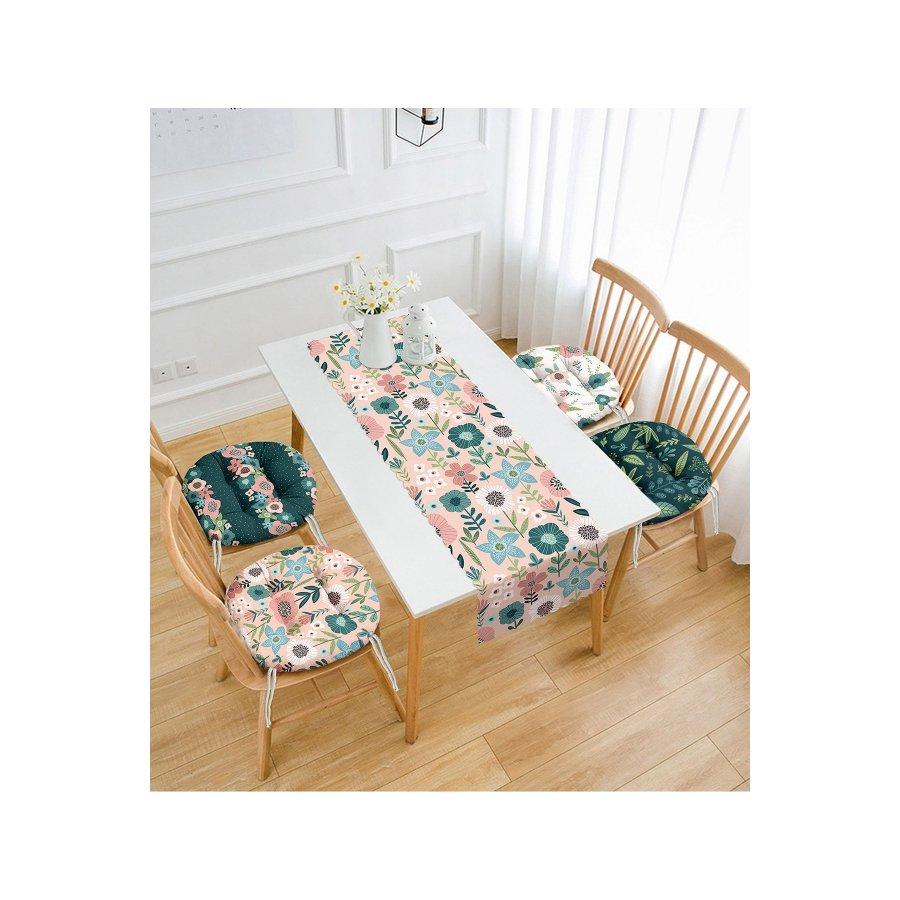 5-teiliges Stuhlkissen-Set / digital bedruckt, 4 Stück runde Stuhlkissen und 1 Stück Läufer