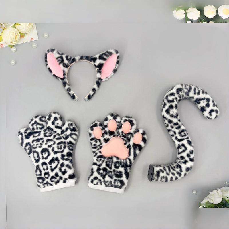 

Leopard Ear Headband Set Tail Hairband Paw Gloves Cos Costumes Cute Sexy Leopard-Print Fashion Accessories For Girls Women Party