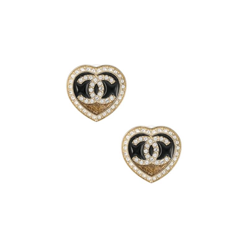 

CHANEL [23B New Product] Classic Double C Heart Shape Rhinestone Metal Stud Earrings Women’s Black Gold